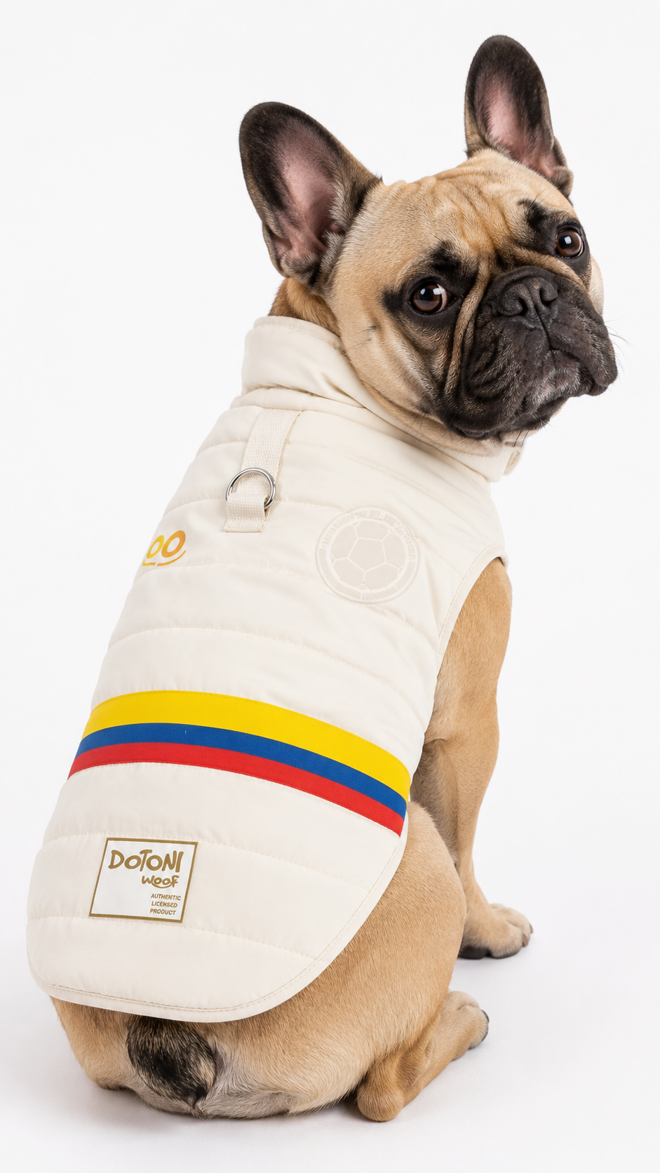 Edición Clásica — Chaqueta acolchada crema con franjas tricolor para perros